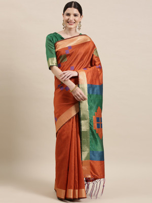 Ratnavati Geometric Print Banarasi Cotton Silk Saree(Orange)