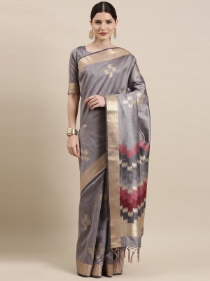 Ratnavati Geometric Print Banarasi Cotton Silk Saree(Grey)