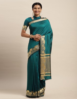 Satrani Self Design, Striped, Woven Bollywood Silk Blend Saree(Dark Blue, Gold)