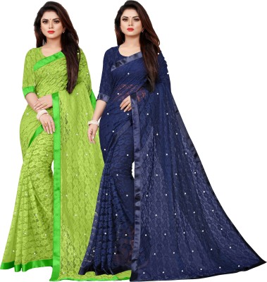 VANRAJ CREATION Embellished Bollywood Net Saree(Pack of 2, Dark Blue, Light Green)