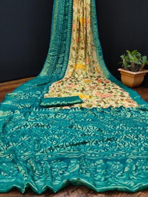 Sitanjali Floral Print Bollywood Brasso Saree(Blue)