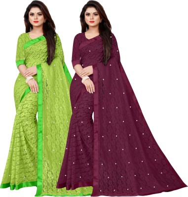 DEVYOG ENTERPRISE Embellished Bollywood Net Saree(Pack of 2, Maroon, Light Green)