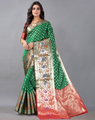 Siril Woven, Embellished Banarasi Silk Blend, Jacquard Saree(Dark Green, Gold)