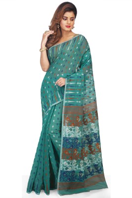 WoodenTant Woven Jamdani Cotton Silk Saree(Green)