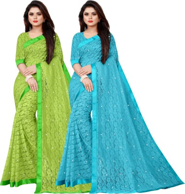 VANRAJ CREATION Embellished Bollywood Net Saree(Pack of 2, Light Blue, Light Green)