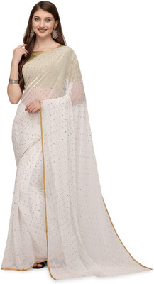 REDFISH Embellished Bollywood Chiffon Saree(White)