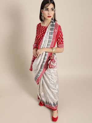Ratnavati Geometric Print Ikkat Silk Blend Saree(Cream)