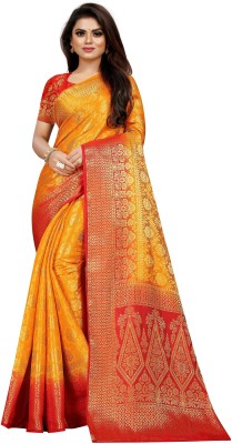 iZibra Self Design, Woven Banarasi Pure Silk, Art Silk Saree(Red, Yellow)