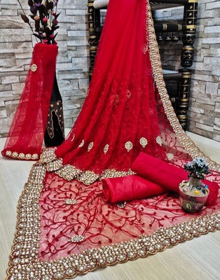 ZIVANTIX Embroidered, Embellished Bollywood Net Saree(Red)
