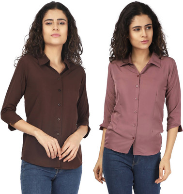 KITIMAT Women Solid Formal Brown, Pink Shirt(Pack of 2)