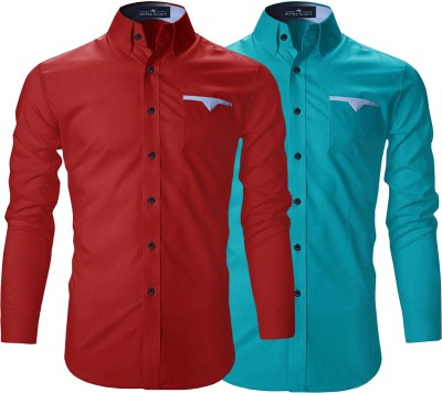 ROYAL SCOUT Men Solid Casual Light Blue, Red Shirt(Pack of 2)