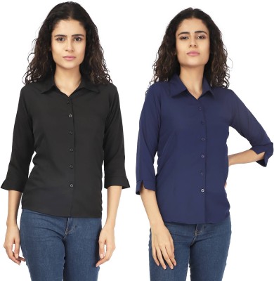 KITIMAT Women Solid Formal Blue Shirt(Pack of 2)