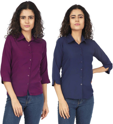 KITIMAT Women Solid Formal Purple, Blue Shirt(Pack of 2)