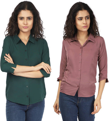 KITIMAT Women Solid Formal Purple, Green Shirt(Pack of 2)