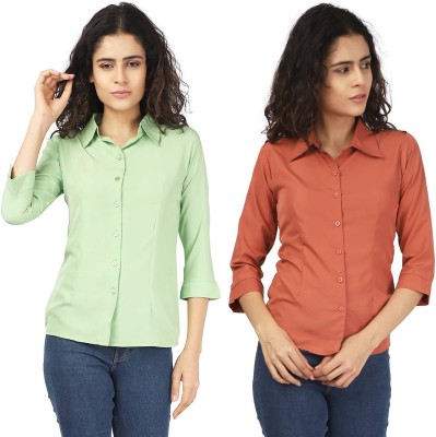 KITIMAT Women Solid Formal Green, Orange Shirt(Pack of 2)