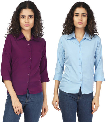 KITIMAT Women Solid Formal Purple, Blue Shirt(Pack of 2)