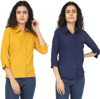 KITIMAT Women Solid Casual Blue, Yellow Shirt(Pack of 2)