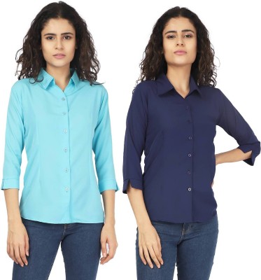 KITIMAT Women Solid Formal Blue Shirt(Pack of 2)