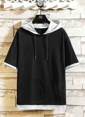 Try This Solid Men Hooded Neck Black T-Shirt