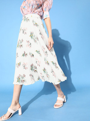 KASSUALLY Floral Print Women Flared White Skirt