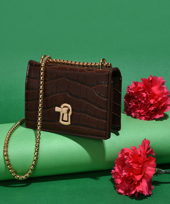 Haute Sauce Brown Sling Bag Textured Twist Lock Sling Bag with Chain Strap