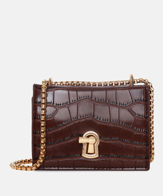 Haute Sauce Brown Sling Bag Textured Twist Lock Sling Bag with Chain Strap