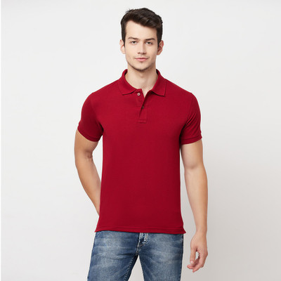 ODOKY Solid Men Polo Neck Maroon T-Shirt