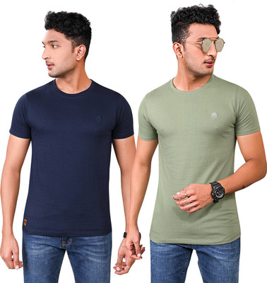 COTREES Solid Men Round Neck Dark Blue, Green T-Shirt