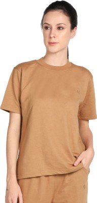 CHKOKKO Solid Women Round Neck Beige T-Shirt