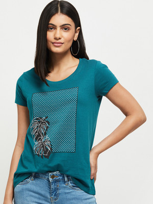 MAX Printed Women Round Neck Blue T-Shirt