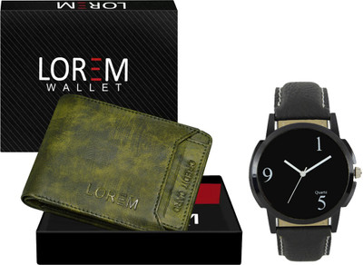 LOREM WL27-LR06 Combo Of Black Men Watch & Green Artificial Leather Wallet Analog Watch  - For Men