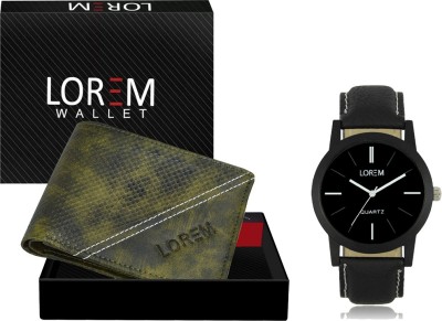 LOREM WL34-LR05 Combo Of Black Men Watch & Green Artificial Leather Wallet Analog Watch  - For Men