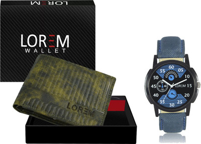LOREM WL30-LR02 Combo Of Blue Men Watch & Green Artificial Leather Wallet Analog Watch  - For Men