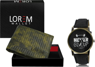 LOREM WL30-LR27 Combo Of Black Men Watch & Green Artificial Leather Wallet Analog Watch  - For Men