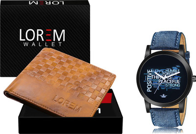 LOREM WL37-LR60 Combo Of Blue Men Watch & Green Artificial Leather Wallet Analog Watch  - For Men