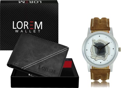 LOREM WL35-LR09 Combo Of Brown Men Watch & Green Artificial Leather Wallet Analog Watch  - For Men