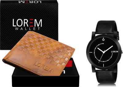 LOREM WL37-LR49 Combo Of Black Men Watch & Green Artificial Leather Wallet Analog Watch  - For Men