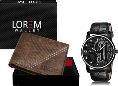 LOREM WL32-LR70 Combo Of Black Men Watch & Green Artificial Leather Wallet Analog Watch  - For Men