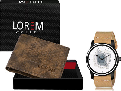 LOREM WL28-LR68 Combo Of Beige Men Watch & Green Artificial Leather Wallet Analog Watch  - For Men