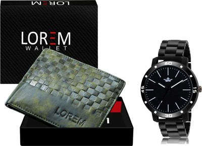 LOREM WL38-LR112 Combo Of Black Men Watch & Green Artificial Leather Wallet Analog Watch  - For Men