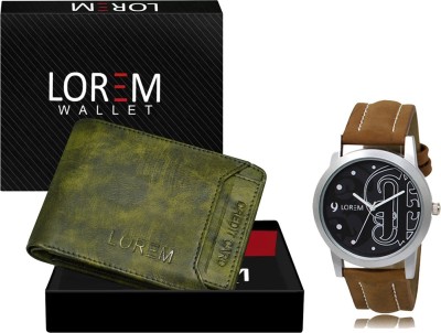 LOREM WL27-LR14 Combo Of Brown Men Watch & Green Artificial Leather Wallet Analog Watch  - For Men