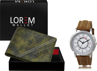 LOREM WL34-LR17 Combo Of Brown Men Watch & Green Artificial Leather Wallet Analog Watch  - For Men