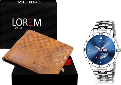 LOREM WL37-LR105 Combo Of Silver Men Watch & Green Artificial Leather Wallet Analog Watch  - For Men