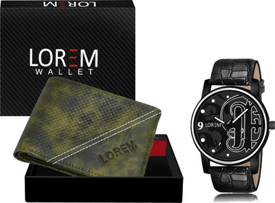 LOREM WL34-LR70 Combo Of Black Men Watch & Green Artificial Leather Wallet Analog Watch  - For Men