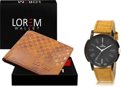 LOREM WL37-LR19 Combo Of Brown Men Watch & Green Artificial Leather Wallet Analog Watch  - For Men