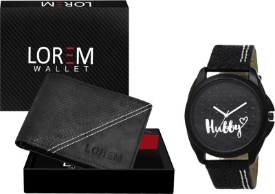 LOREM WL35-LR31 Combo Of Black Men Watch & Green Artificial Leather Wallet Analog Watch  - For Men