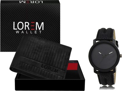 LOREM WL31-LR21 Combo Of Black Men Watch & Green Artificial Leather Wallet Analog Watch  - For Men