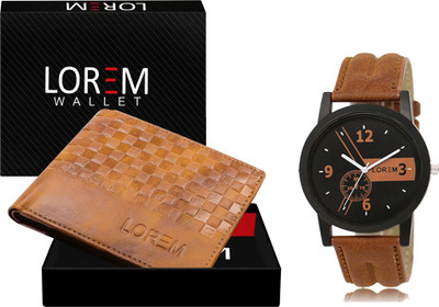 LOREM WL37-LR01 Combo Of Orange Men Watch & Green Artificial Leather Wallet Analog Watch  - For Men