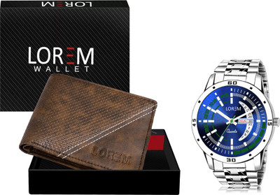 LOREM WL32-LR110 Combo Of Silver Men Watch & Green Artificial Leather Wallet Analog Watch  - For Men