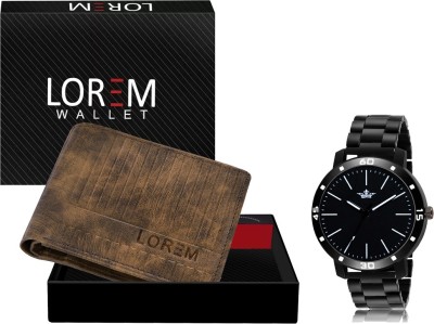 LOREM WL28-LR112 Combo Of Black Men Watch & Green Artificial Leather Wallet Analog Watch  - For Men